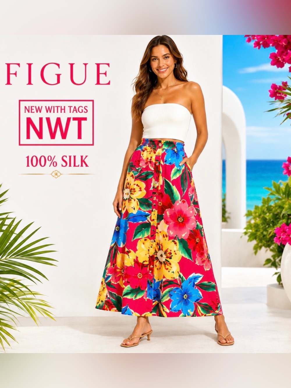 FIGUE 100% Silk Floral Reverie Raspberry Pink Maxi Skirt XS Tropical Luxury NWT